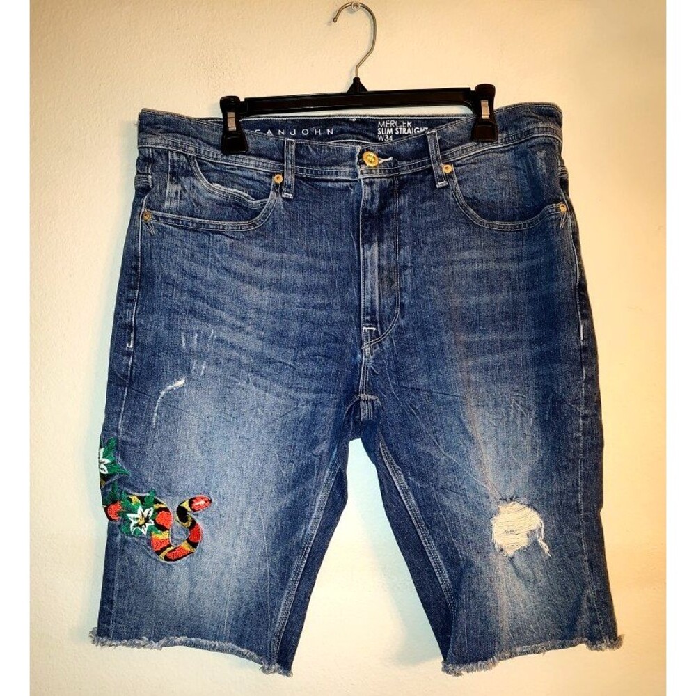 Men Sean John Mercer Embroidered Snake Blue Jean Denim Shorts Size 34W